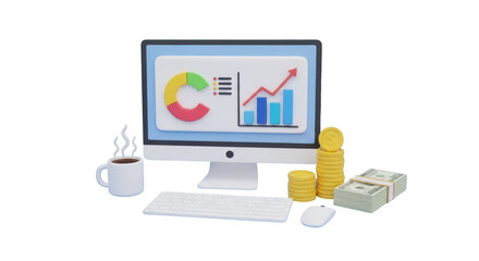 3D Rendering of Computer with Financial Charts and Coffee Cup desktop monitor isolated on a transparent background