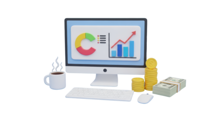 3D Rendering of Computer with Financial Charts and Coffee Cup desktop monitor isolated on a transparent background