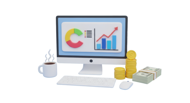 3D Rendering of Computer with Financial Charts and Coffee Cup desktop monitor isolated on a transparent background