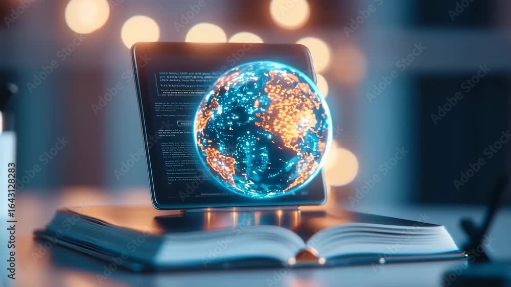 Poster digital globe technology education learning innovation futuristic glowing book tablet knowledge mode