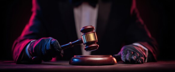 The elegant gavel striking a wooden auction block in a dramatic setting.