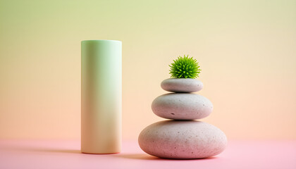 "Minimalist Zen Stone Stack with Green Plant on Pastel Background &ndash; Modern Balance Concept"