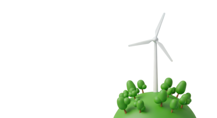 3D Stylized Wind Turbine on Green Hill with Trees wind power renewable energy isolated on a transparent background