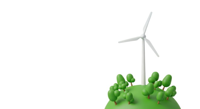 3D Stylized Wind Turbine on Green Hill with Trees wind power renewable energy isolated on a transparent background
