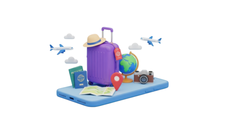 3D Travel Concept with Suitcase, Passport, Map, and Airplane vacation isolated on a transparent background
