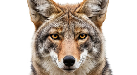 Fototapeta premium Closeup portrait of a coyotes face with alert eyes, isolated on transparent background