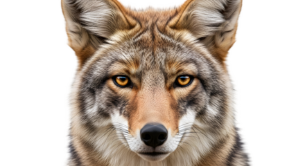 Closeup portrait of a coyotes face with alert eyes, isolated on transparent background