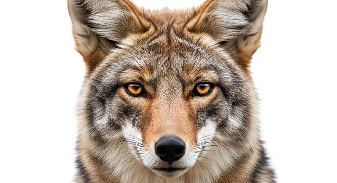 Closeup portrait of a coyotes face with alert eyes, isolated on transparent background
