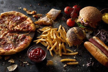 Colorful junk food display with pizza, burgers, fries, and more on a dark background, creating a tempting feast for snack lovers during a late-night gathering