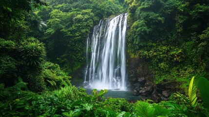 Fototapeta premium Lush tropical waterfall cascading down a rocky cliff face.
