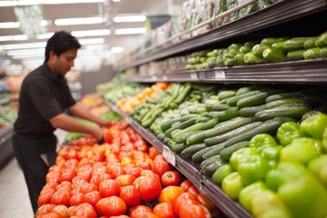 Early morning in a quiet store before customers arrive A worker is placing fresh tomatoes and cucumbers in neat rows The mood is peaceful and attentive, Generative AI 