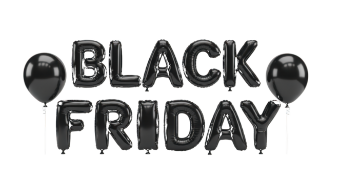 Black Friday Balloon Text with Two Black Balloons sale shopping isolated on a transparent background