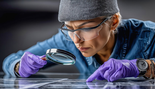 Forensic scientist examining evidence with magnifying glass in laboratory - Powered by Adobe