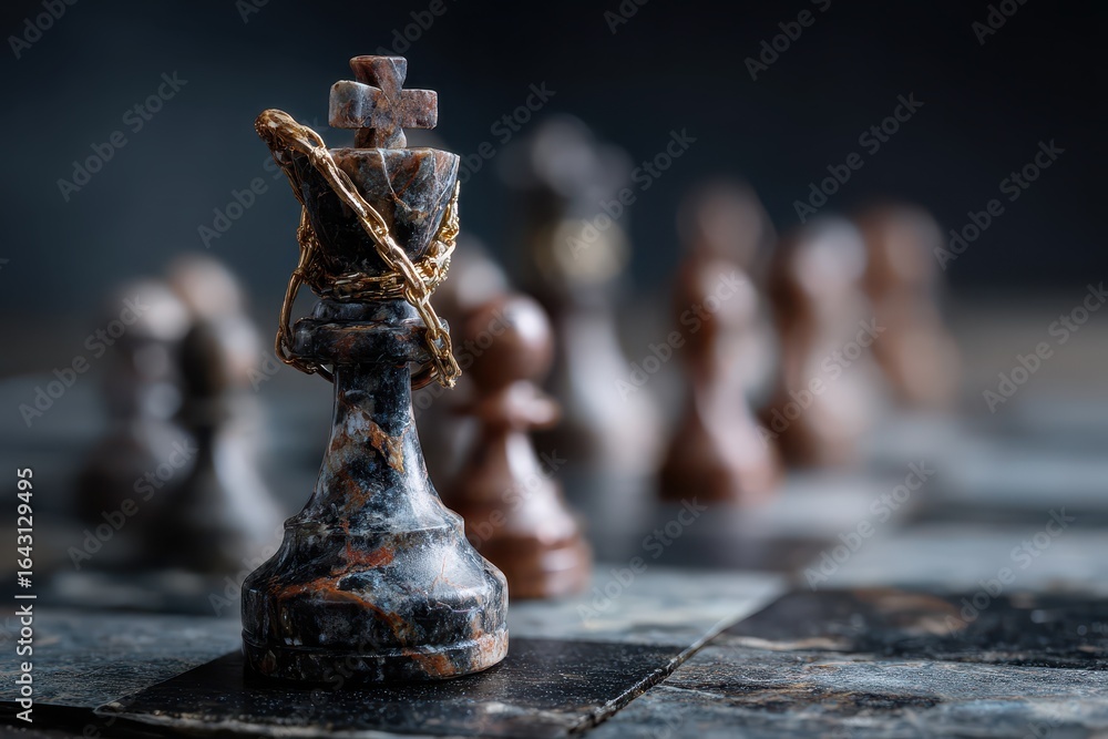 Poster detailed macro view of chess pieces on a dark chessboard highlights the beauty and intricacies of th