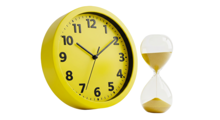 Yellow wall clock, modern round clock with hourglass for time tracking schedule and punctuality concepts
