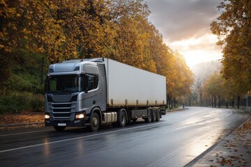 Calculating logistics costs of truck driving along a scenic road lined with autumn trees during golden hour