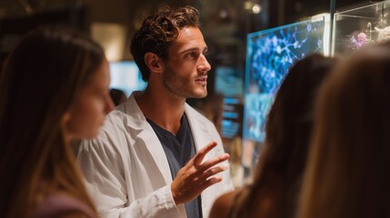 Engaging scientist explains marine life at an aquarium exhibit during an evening event with enthusiastic visitors