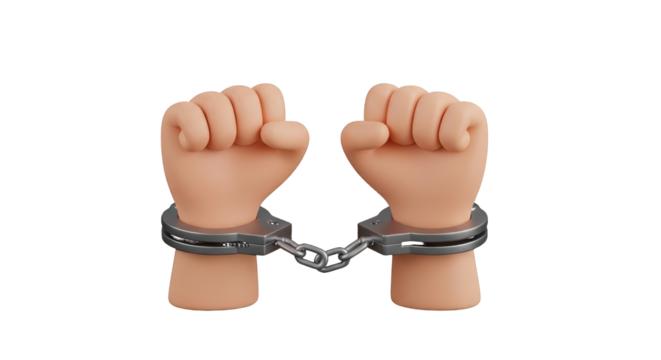 Cartoon Hands Shackled Together with Metal Handcuffs Isolated arrest crime isolated on a transparent background