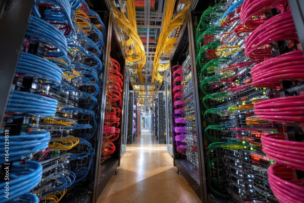 Poster multi colored network server room showcases vibrant cables and advanced technology in a modern data 