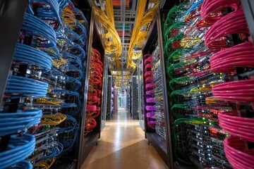 Multi colored network server room showcases vibrant cables and advanced technology in a modern data center