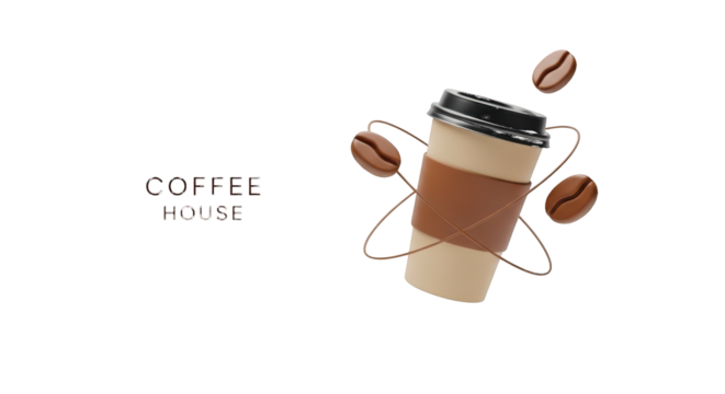 Coffee Cup with Beans and Orbiting String drink beverage isolated on a transparent background