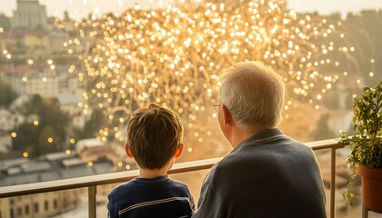 Grandfather and grandson watching fireworks display from balcony