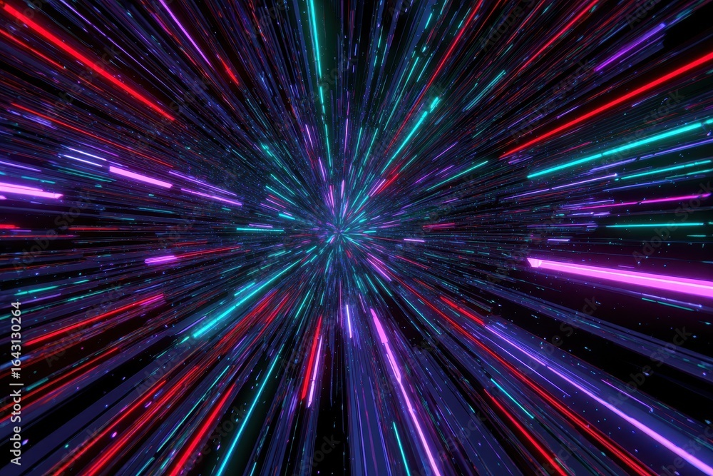 Poster exploring a neon hyper warp space through abstract flight with vibrant colors and dynamic light trai