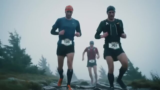 Three male runners competing on a rocky mountain trail in foggy weather, showcasing determination