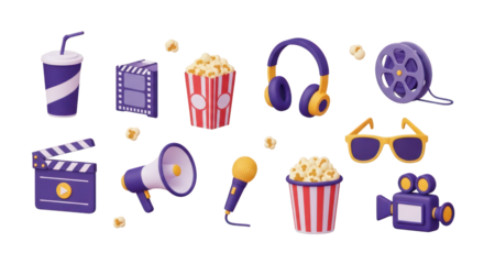 Collection of 3D Movie and Entertainment Icons on Transparent Background cinema film isolated on a transparent background