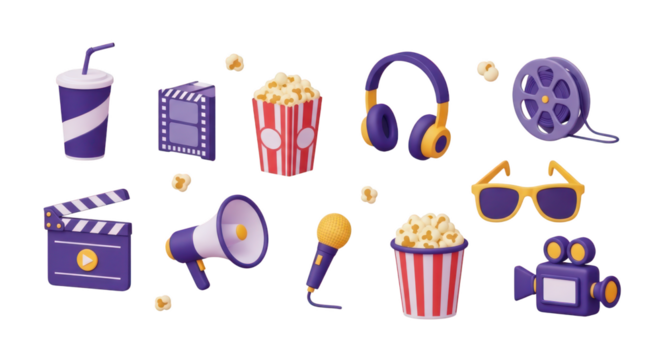 Collection of 3D Movie and Entertainment Icons on Transparent Background cinema film isolated on a transparent background