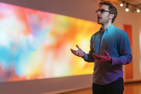 Art curator gesturing while explaining modern painting to visitors in gallery - Powered by Adobe