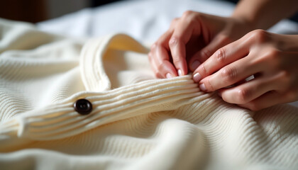 Obraz premium Closeup of hands buttoning a cozy white knitted cardigan sweater with textured ribbing and copy space for winter fashion ideas