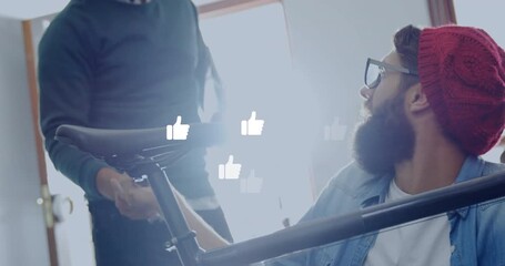 bike repair coworkers observing thumbs-up icons floating and adjusting seat post in workshop