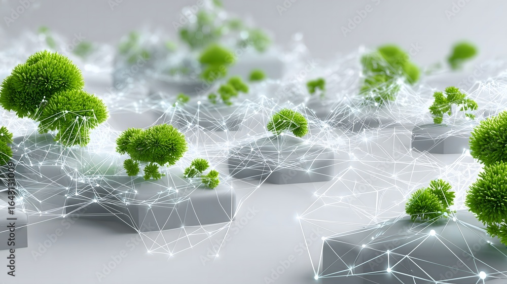 Poster digital neural network overlaid with microplants and moss patterns on bright white background