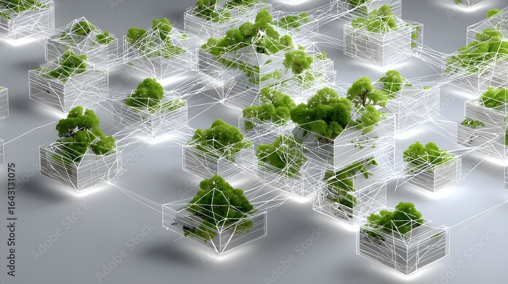 Aufkleber digital neural network with microplants and moss patterns on bright white background