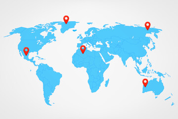 World map with 3d pins. 3d vector illustration