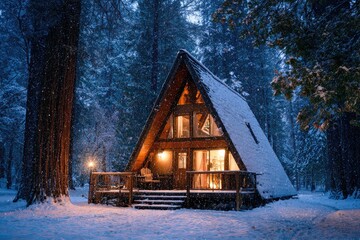 A cozy A-frame cabin nestled in a snowy forest at twilight (1)