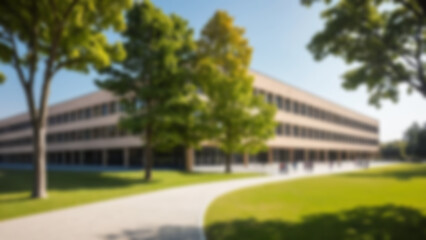 blurry photo of a modern school building with lots of trees around, bright atmosphere without any people, blurry school wallpaper.