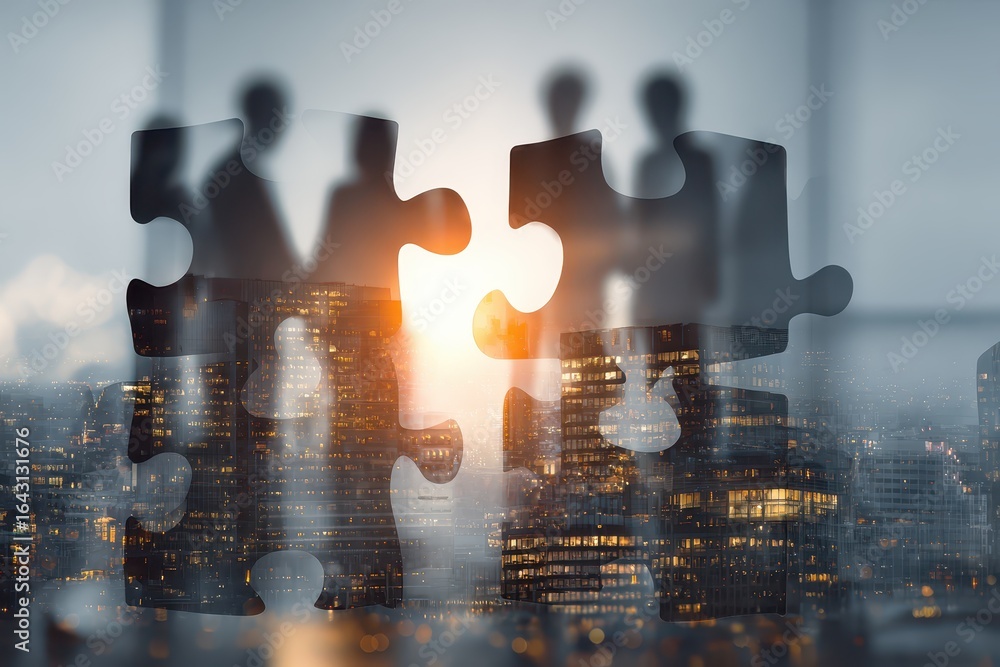 Poster business professionals collaborate to connect puzzle pieces in an office setting during a dynamic te