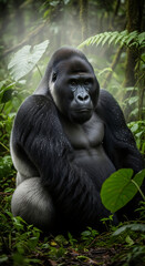 Fototapeta premium Majestic silverback gorilla portrait captures the power and beauty of wildlife in lush jungle habitat
