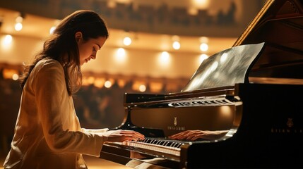 Young pianist performing classical music on grand piano in concert hall