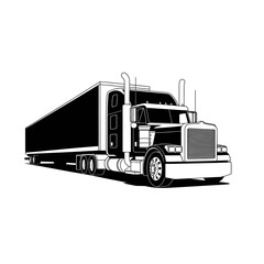 Black and White Illustration of a Semi Truck Transporting Goods Across the Country on the Interstate Highway System for Logistics