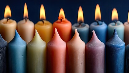 Colorful candles in a row, flames flickering