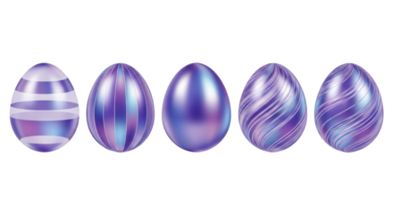 Five Pearlescent Purple Easter Eggs with Striped Patterns spring holiday isolated on a transparent background