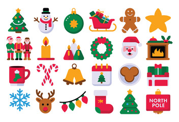 Naklejka premium Christmas Icon Set – Santa, Snowman, Reindeer, Christmas Tree, Gifts, North Pole, Wreath, and Holiday Decorations for Seasonal Projects