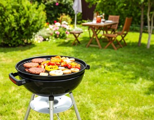 Backyard BBQ with burgers, veggies, and picnic table