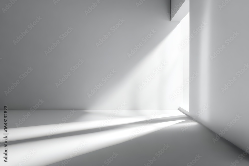 Poster light streaming through an empty white room creates an abstract atmosphere with soft shadows and gen
