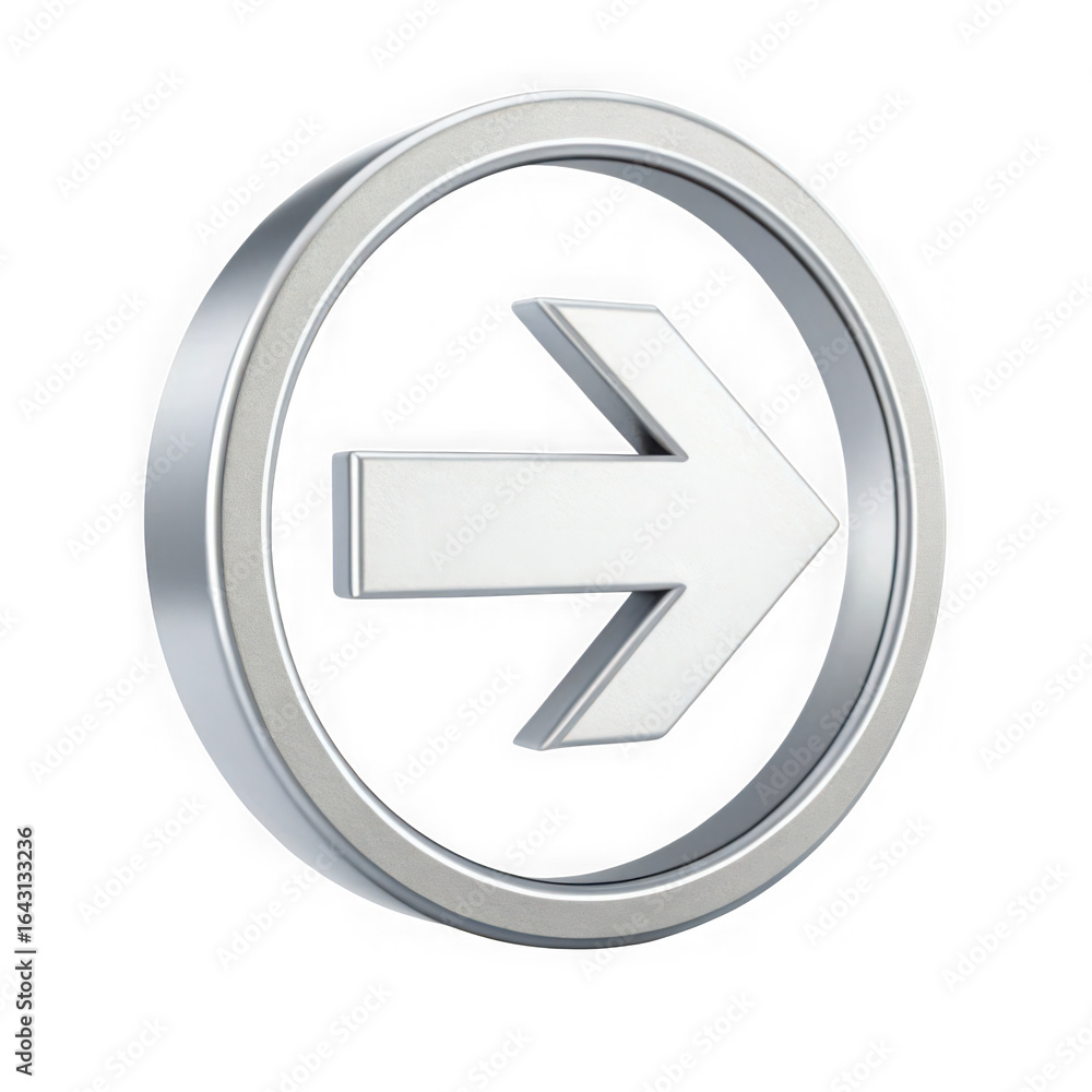 Poster shiny metallic silver circle with a white 3d arrow pointing right isolated on transparent background