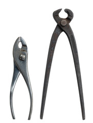 Top view open carpenter's pincers with red handles isolated on a white background.