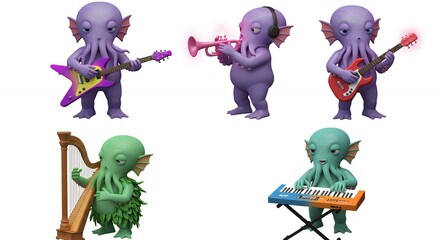Stylized characters playing musical instruments with colorful illustration